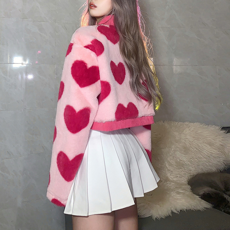 KBD08631 Winter Cute Heart Print Button Turn Down Collar women's jackets fur fashion women's coats