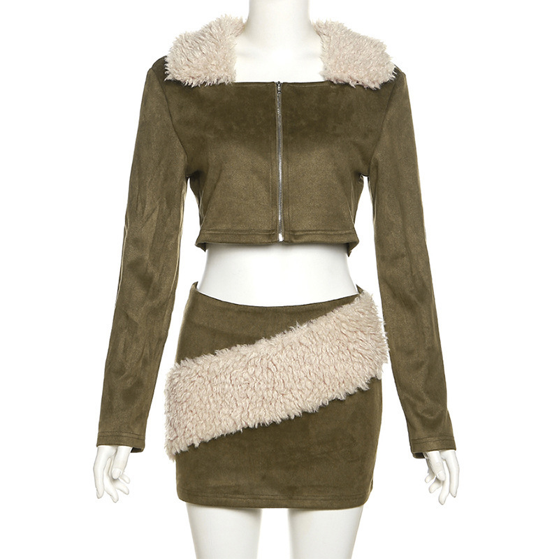 Fashion Fall Winter 2 Piece Set Long Sleeve Crop Jacket Mini Skirt Patchwork Fur Women Sexy Two Piece Sexy Skirt Set