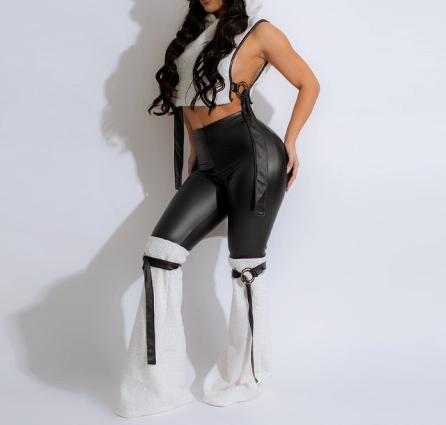 Women 2024 Hoodies Sleeveless Crop Top PU Leather Pants Suits Sexy Club Outfits 2 Piece Set