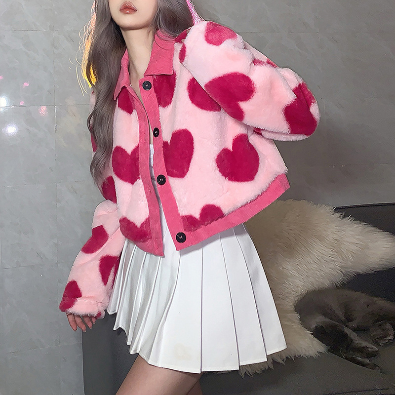 KBD08631 Winter Cute Heart Print Button Turn Down Collar women's jackets fur fashion women's coats