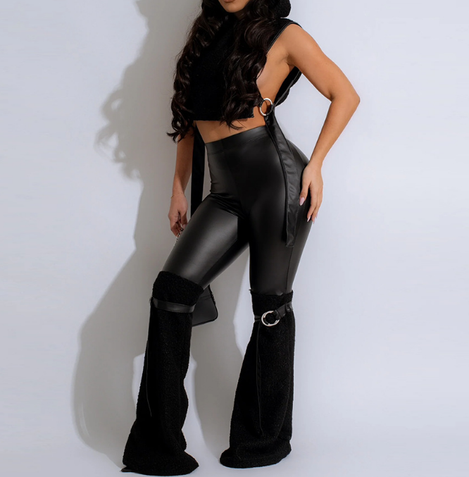 Women 2024 Hoodies Sleeveless Crop Top PU Leather Pants Suits Sexy Club Outfits 2 Piece Set