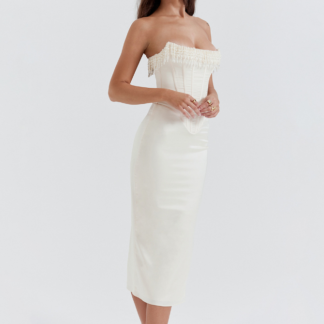 Women clothing pearl strapless fishbone sexy white   elegant back slit midi evening party dresses women