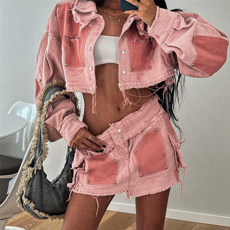 Women Denim Jackets Fashionable Two Pieces Ladies Set Buttons Up Top Pink Shorts Mini Skirt Women Set