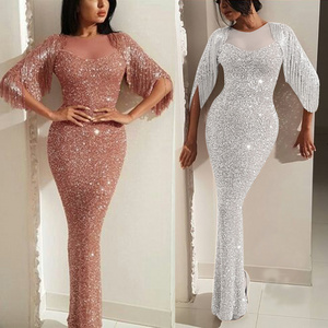 KSN4226  Tassel Sequined slim bag hip fishtail swing women short sleeve long evening dresses