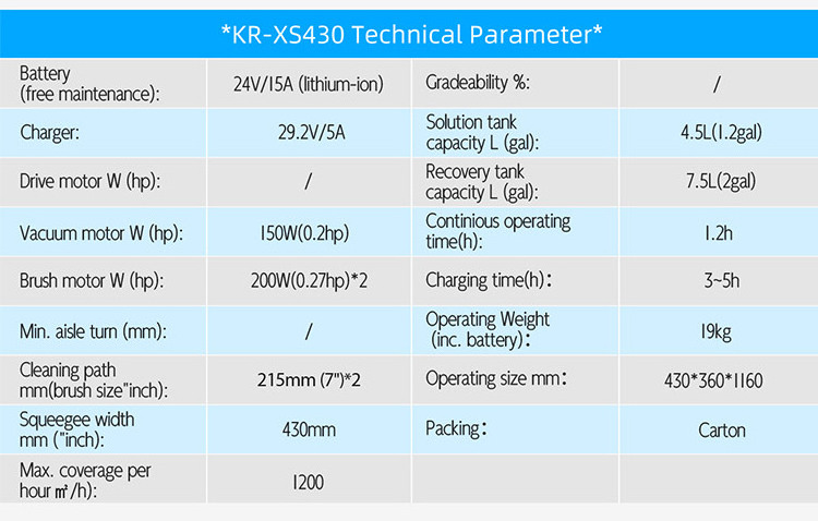 KUER KR-XS430 Electric Industrial Floor Scrubber New Hand Push Automatic Floor Washer Li-ion Battery Copper Motor Gear Engine