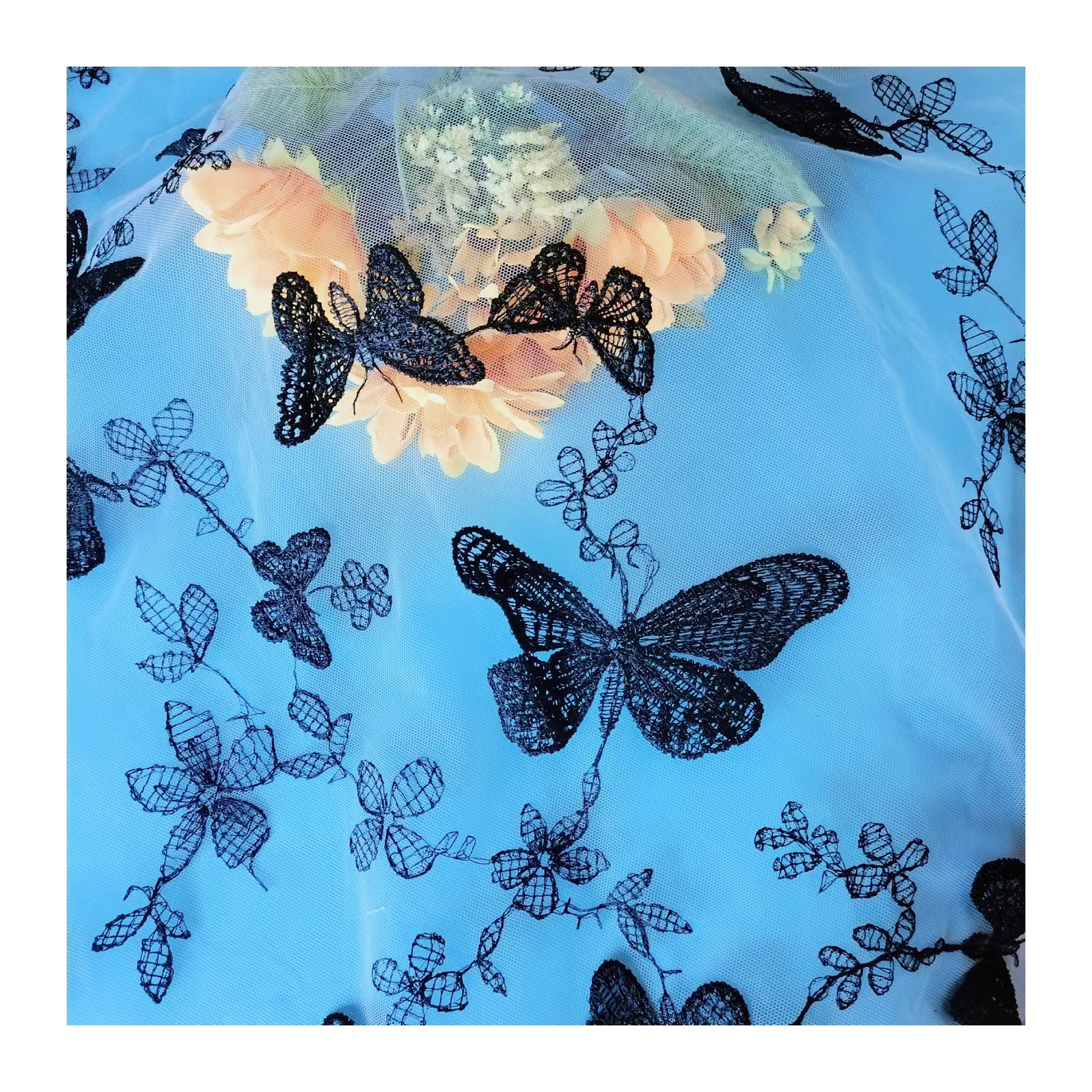 Polyester embossed embroidered fabric Black butterfly mesh lace