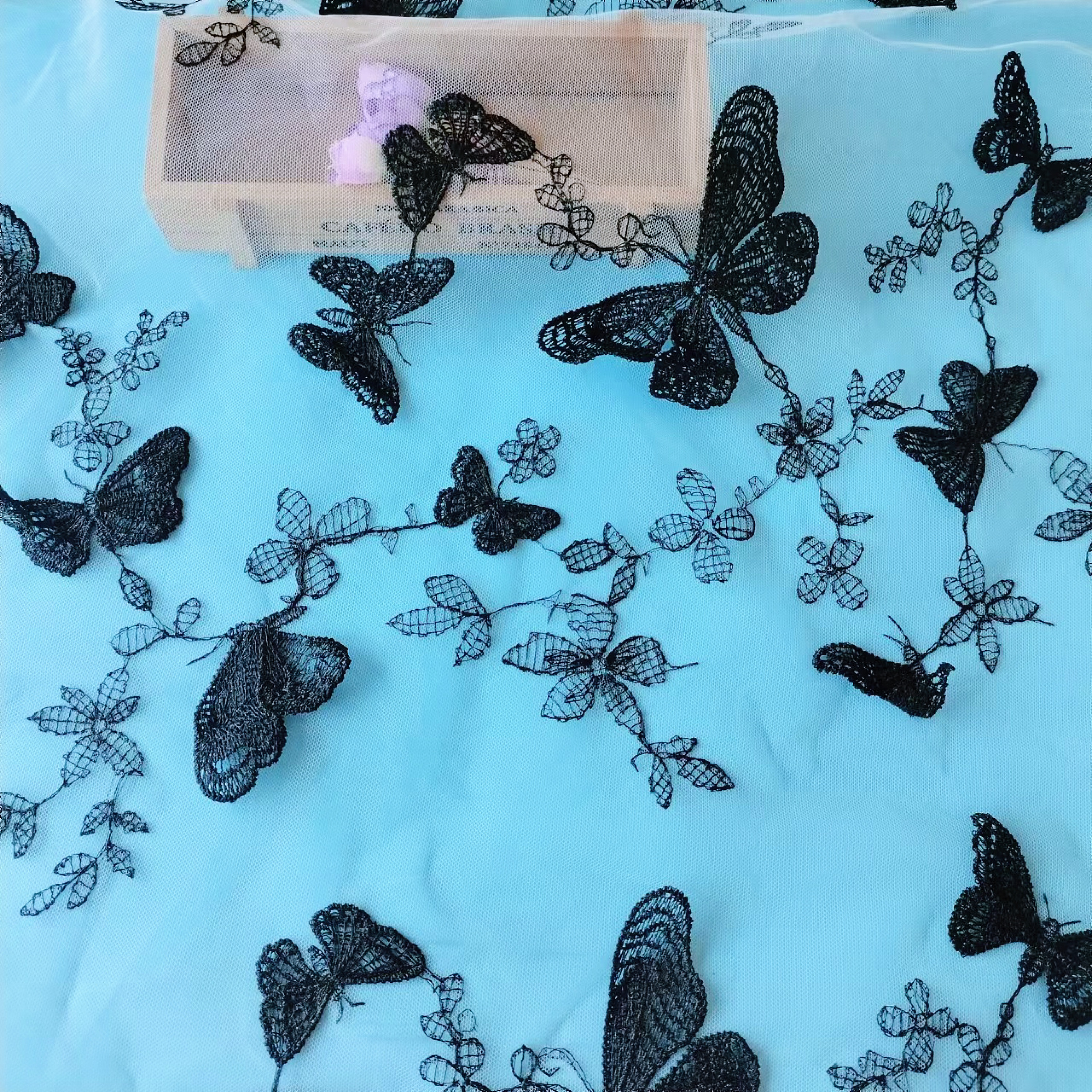 Polyester embossed embroidered fabric Black butterfly mesh lace