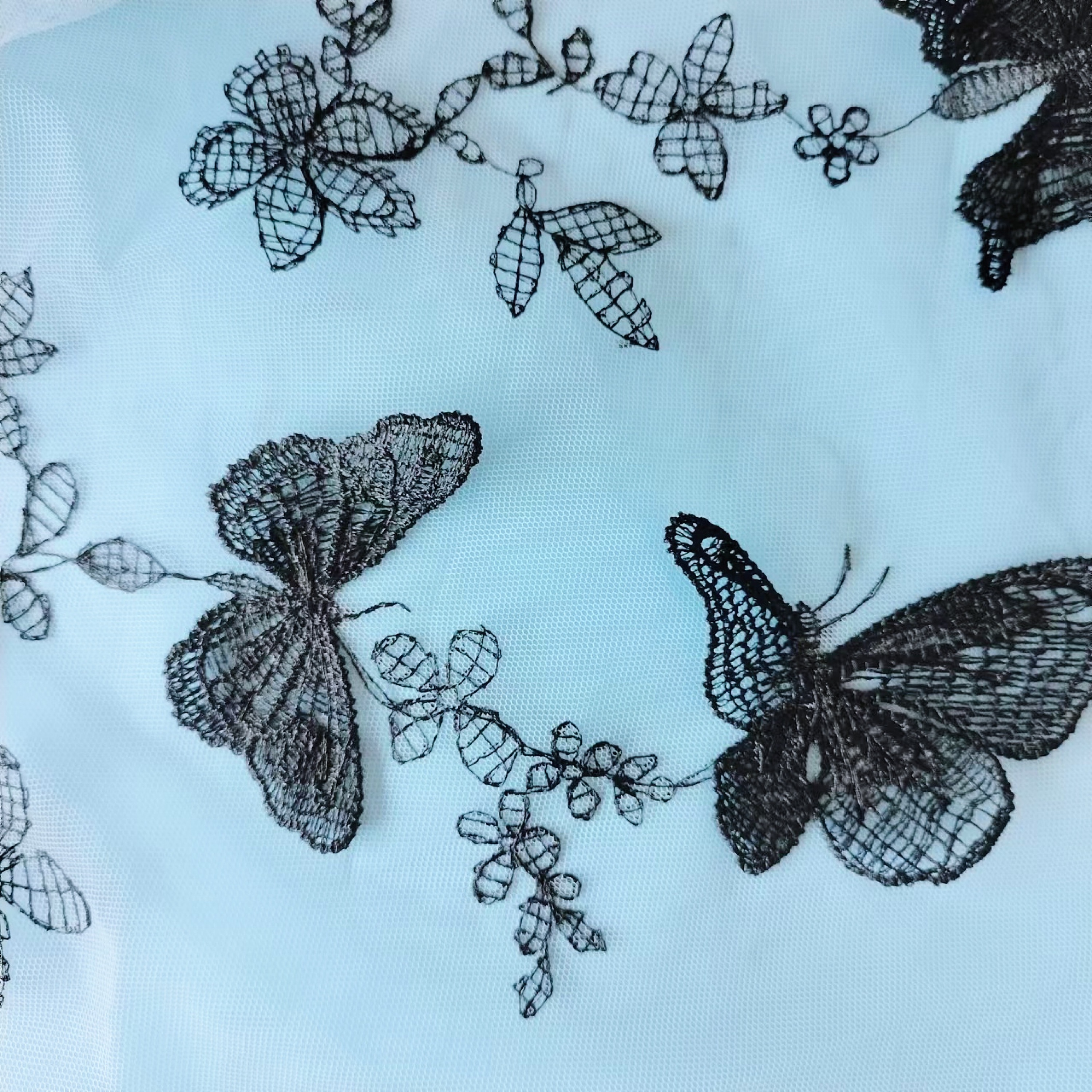 Polyester embossed embroidered fabric Black butterfly mesh lace