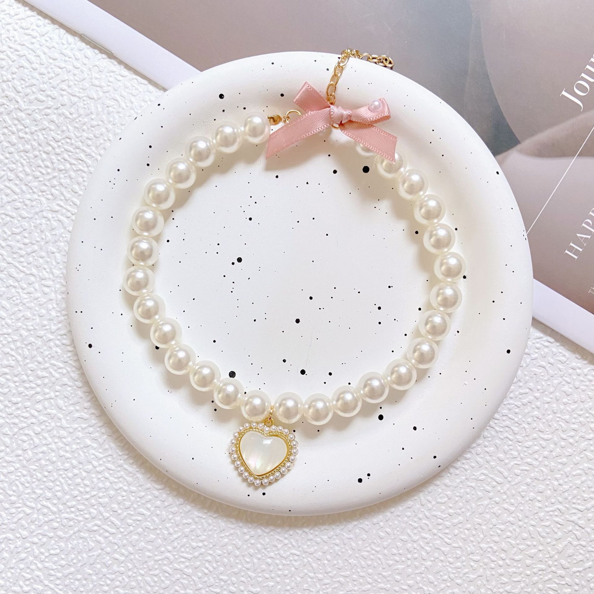 LM0025G Cat and dog pearl necklace Cat's Eye Stone Pendant collar Elegant and Elegant Pet Accessories small dog collar