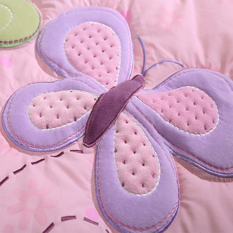 High quality applique embroidery purple butterfly crib bedding set 9pcs for baby