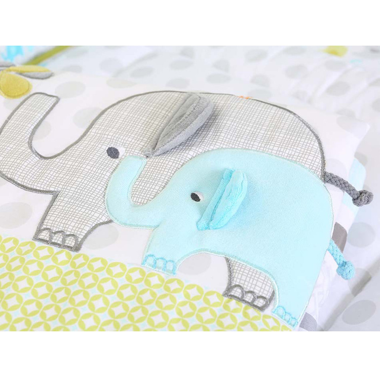 Cheaper cute applique embroidery elephant and tree 5 pieces crib bedding set for baby