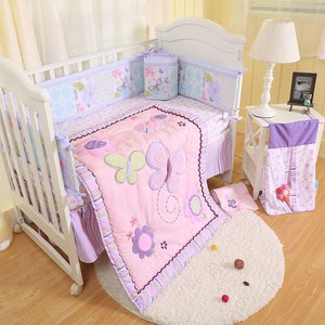 High quality applique embroidery purple butterfly crib bedding set 9pcs for baby