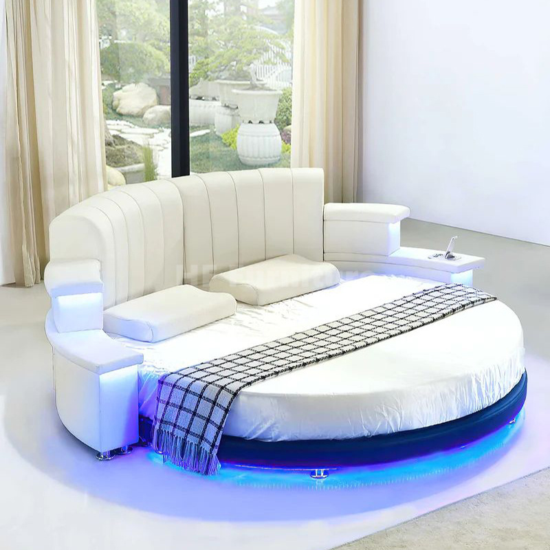 Cheap Super King Size Bed Luxury White Round Multifunctional Led Light Circle Bed For Hotel