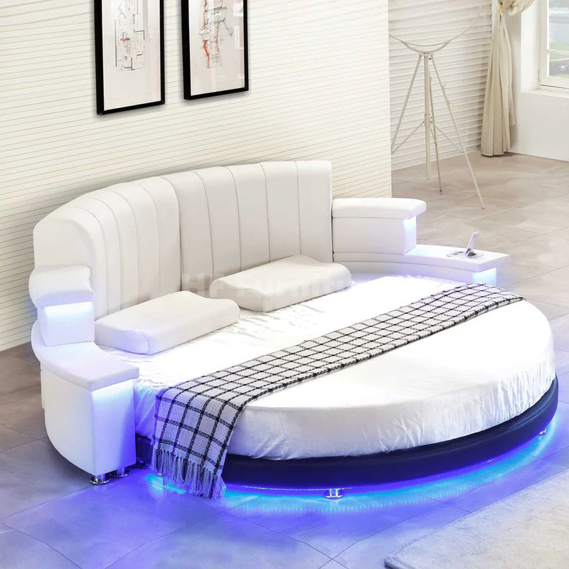 Cheap Super King Size Bed Luxury White Round Multifunctional Led Light Circle Bed For Hotel