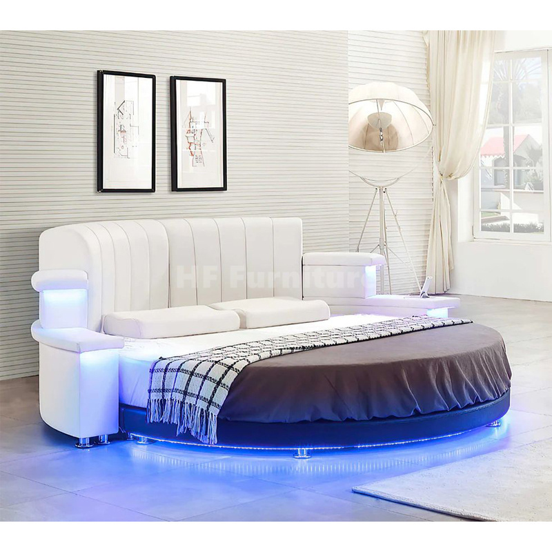 Cheap Super King Size Bed Luxury White Round Multifunctional Led Light Circle Bed For Hotel