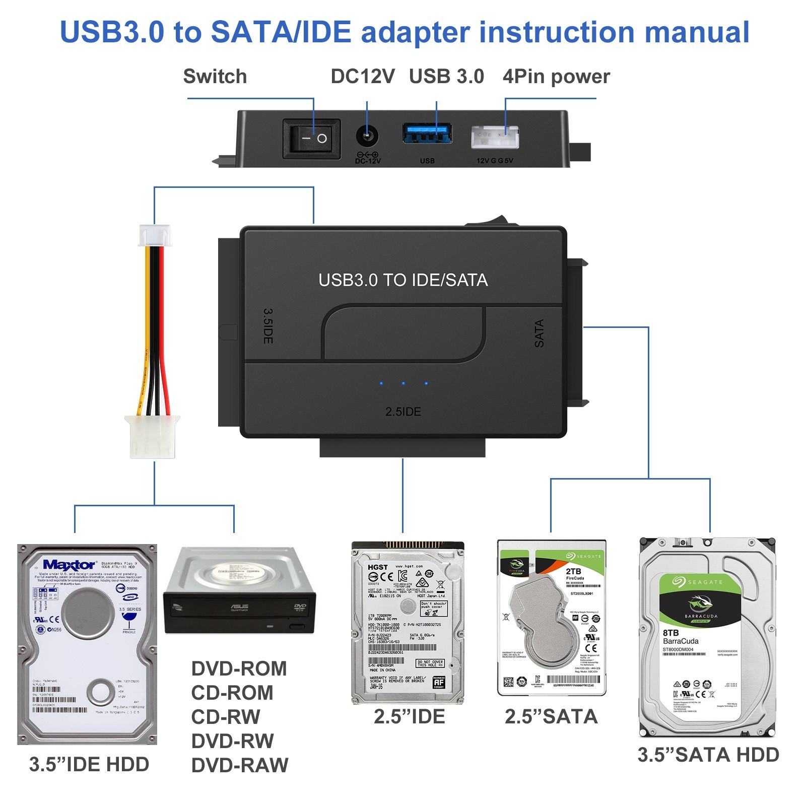 Universal Usb 3.0  to SATA 3.5inch IDE HDD Cable converter with power switch