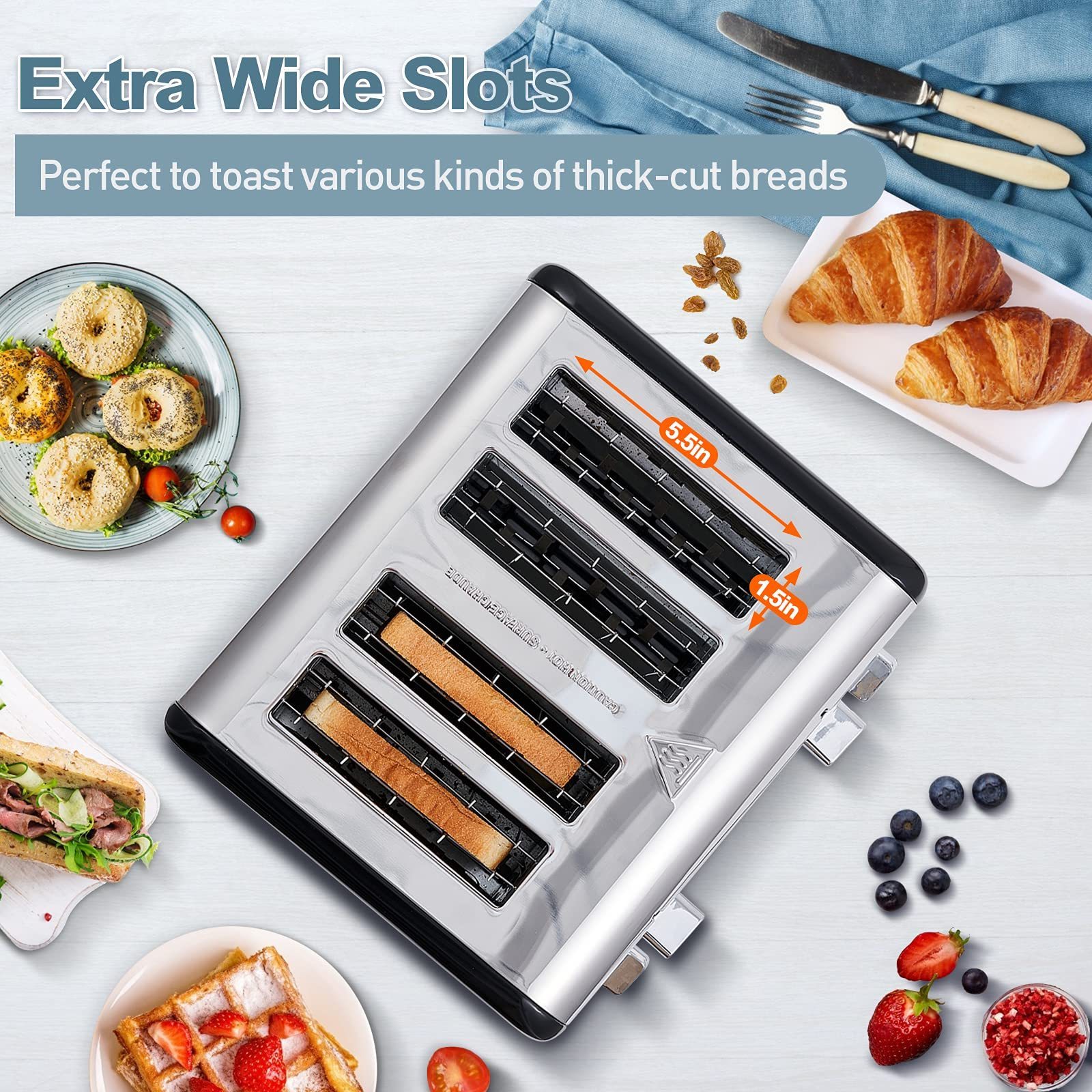 4 Stainless Steel Toaster,LED Display & Extra Wide Slots,6 Shade Settings,Cancel/Bagel/Defrost Function,Removable Crumb Tray