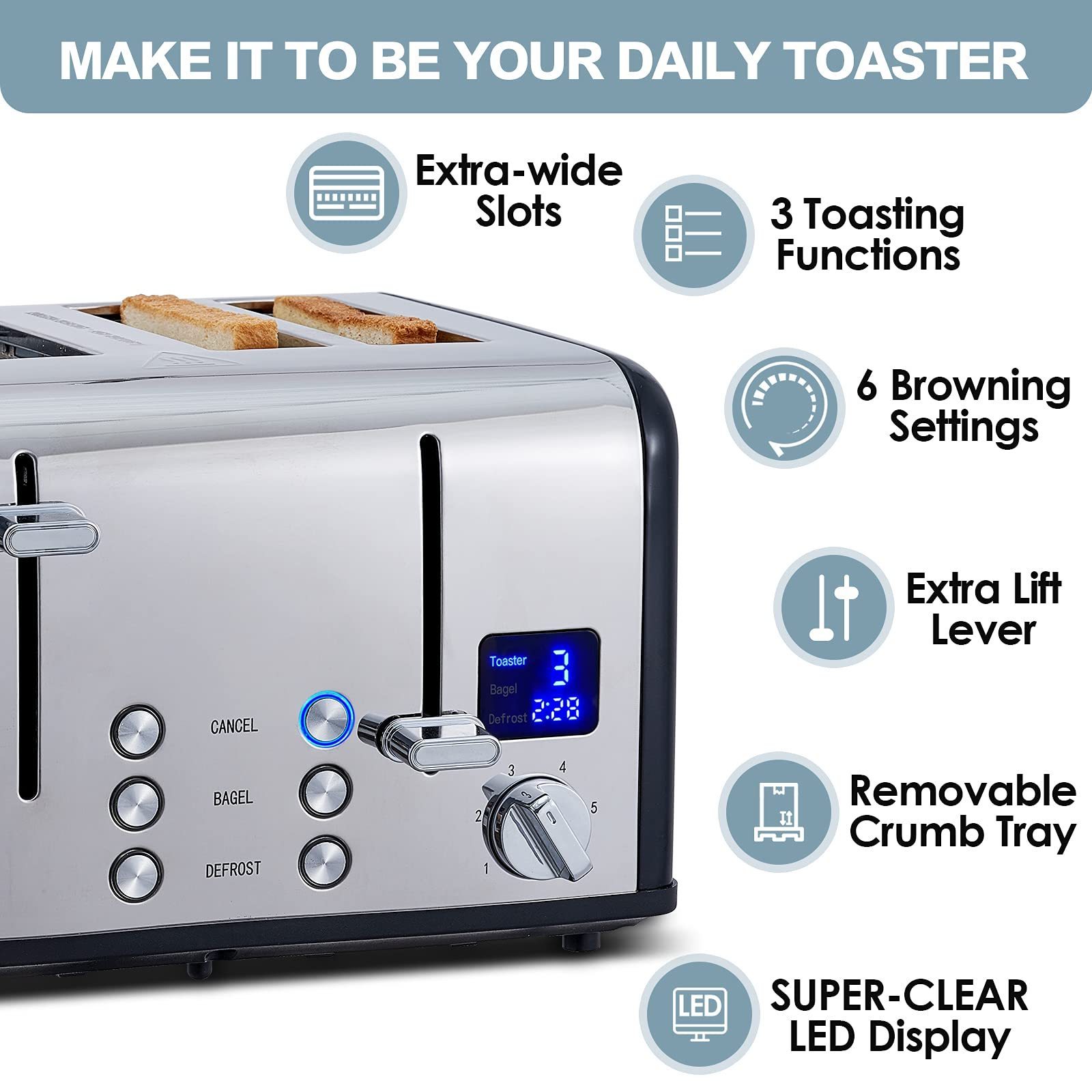 4 Stainless Steel Toaster,LED Display & Extra Wide Slots,6 Shade Settings,Cancel/Bagel/Defrost Function,Removable Crumb Tray