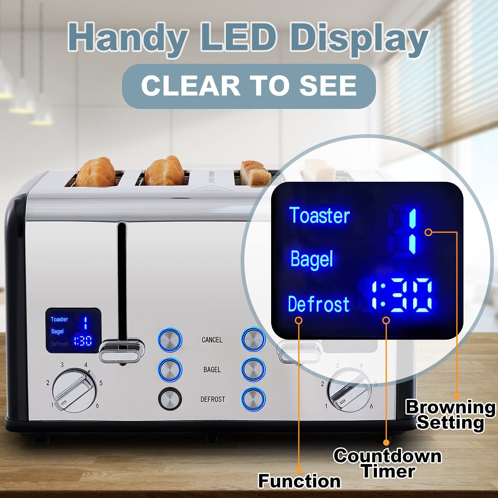 4 Stainless Steel Toaster,LED Display & Extra Wide Slots,6 Shade Settings,Cancel/Bagel/Defrost Function,Removable Crumb Tray