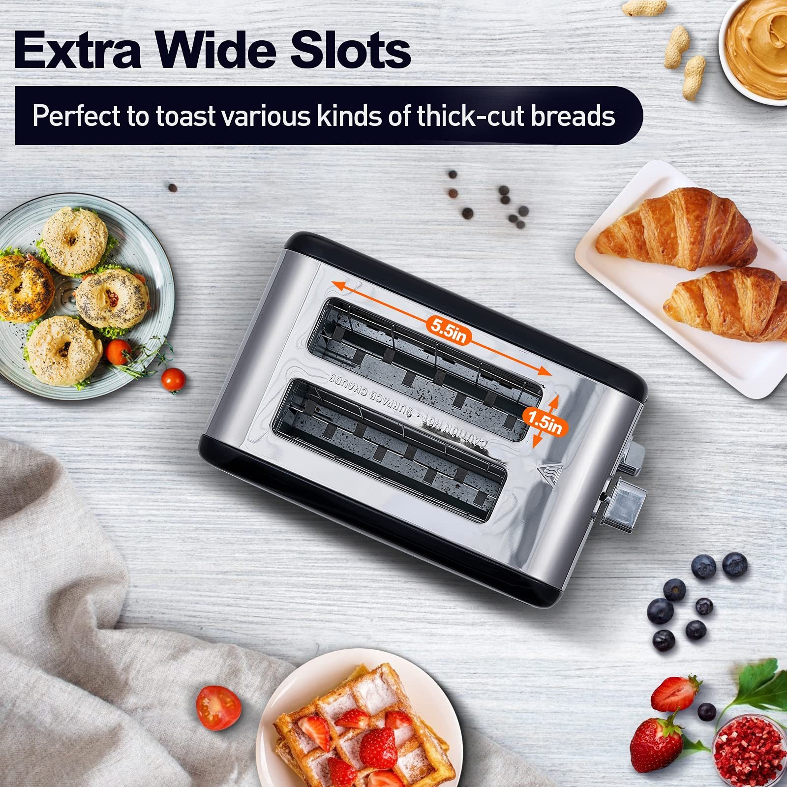 2 Slice Stainless Steel Toaster with LED Display, 1.5'' Extra-wide Slots with 6 Browning Settings, Cancel/Bagel/Defrost Function