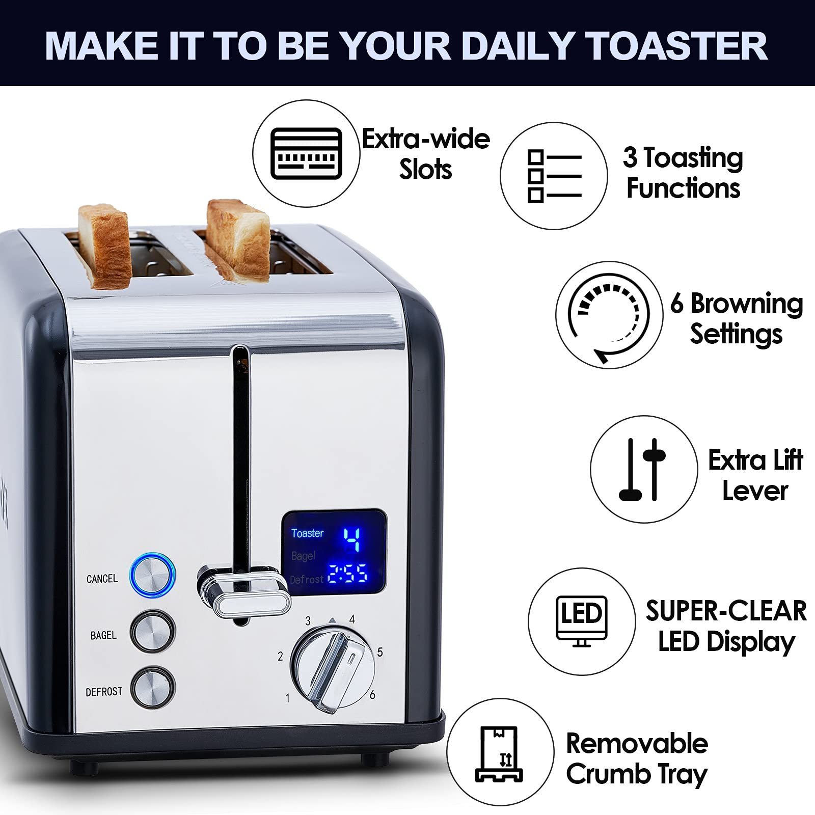 2 Slice Stainless Steel Toaster with LED Display, 1.5'' Extra-wide Slots with 6 Browning Settings, Cancel/Bagel/Defrost Function