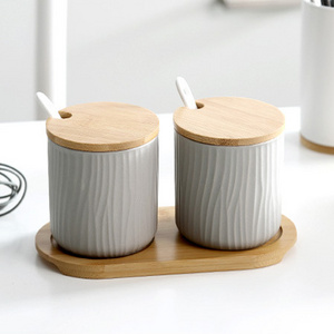 Modern Matte Color Kitchen Set 2 Ceramic Spice Jars With Covered Spoon And Tray Solid Spice Jar