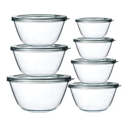 Glass Mixing Fresh Bowl Set Round Glass Fruit Salad Food Containers Serving Bowl With Plastic Lid