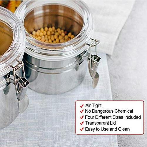 4-Piece Stainless Steel Airtight Canister Set Food Storage Container for Kitchen Counter, Tea, Sugar, Coffee, Candy