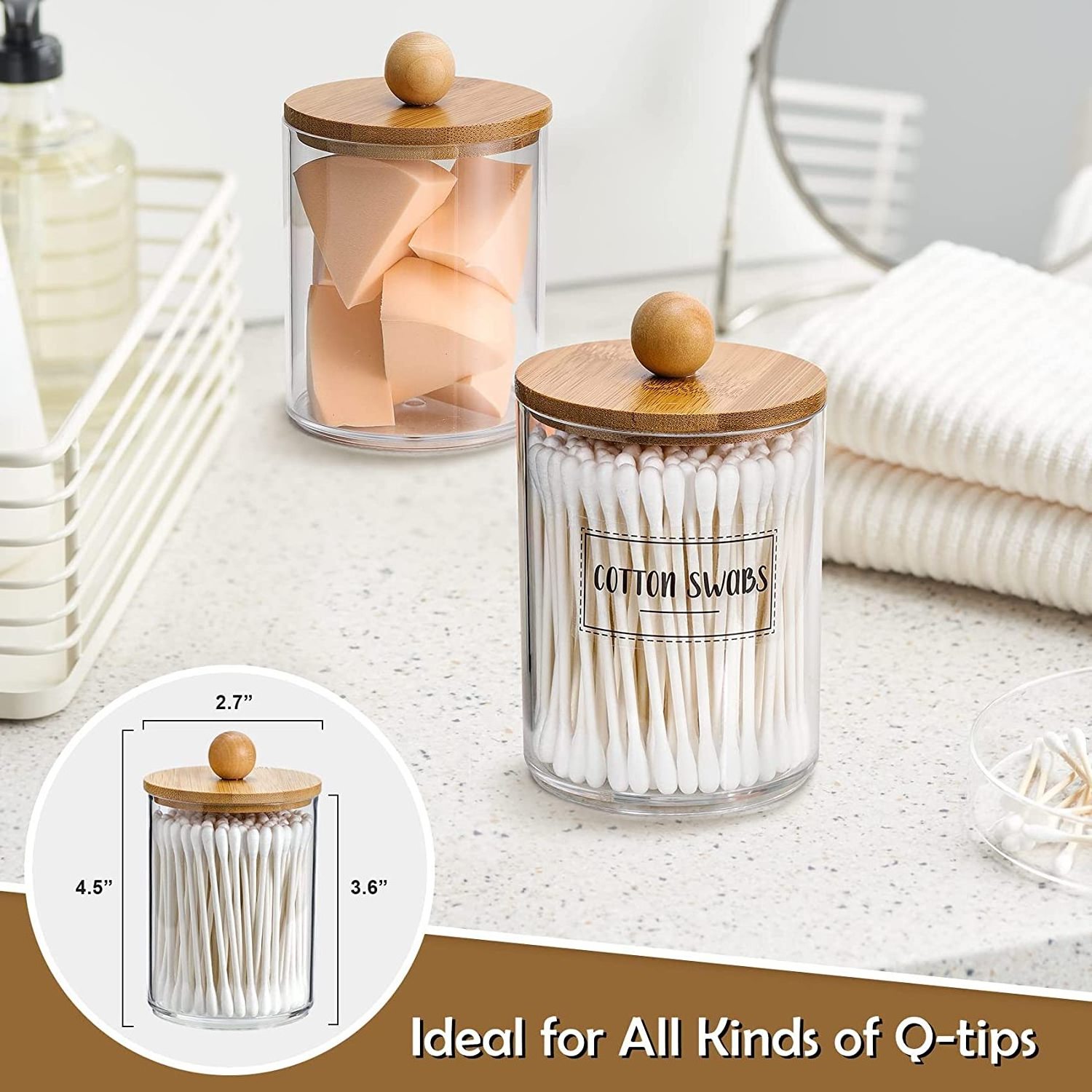 Q-tip Holder Dispenser 10 oz Clear Plastic Apothecary Jar Storage Containers for Cotton Swab Ball Pads Floss with Bamboo Lids