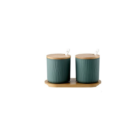 Modern Matte Color Kitchen Set 2 Ceramic Spice Jars With Covered Spoon And Tray Solid Spice Jar