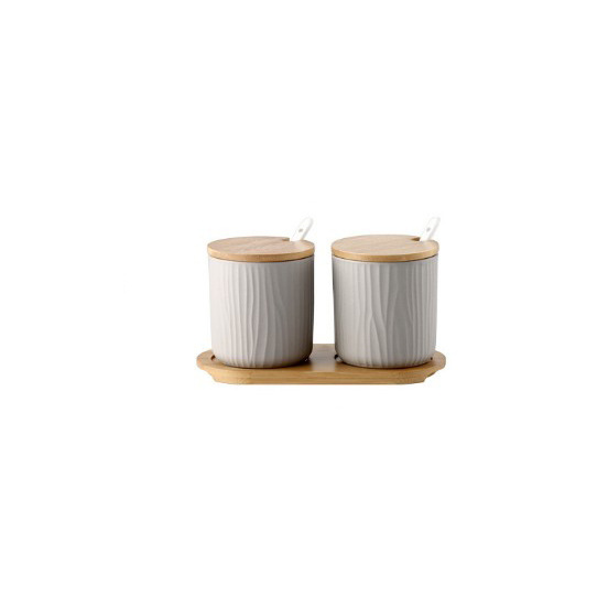 Modern Matte Color Kitchen Set 2 Ceramic Spice Jars With Covered Spoon And Tray Solid Spice Jar