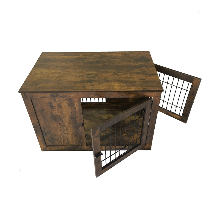 Large Dog Kennel Pet Cage End Table with 2 Doors Decorative Wooden Metal Dog Crate Furniture House Indoor