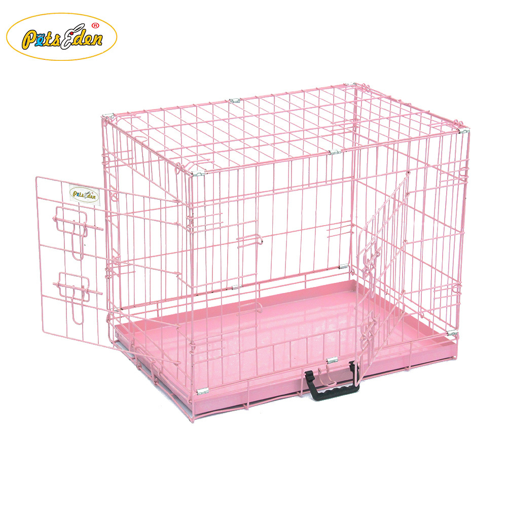 Easy to fold pink pet cage wire dog cage with ABS tray