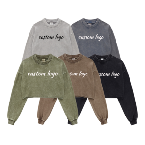 Lady Acid Wash Sweatshirt Manufacturer Baggy Coton Pullover Sweaters Raw Hem Oversized Distressed Cropped Crewneck Jumper Woman