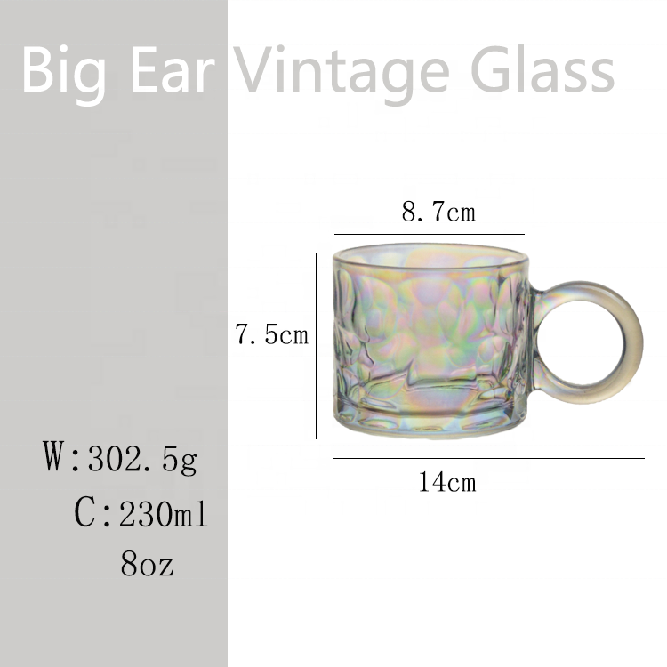 OEM Milk Coffee Cup Glass Mug  With Big Ear 400ml Glass Cups  Chic Amber Laser Color Glasses For Club