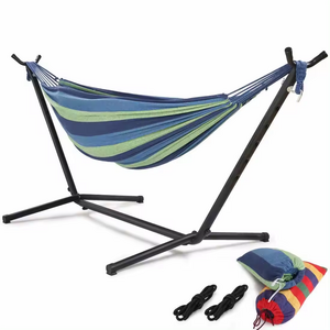 Best Choice Products Outdoor Garden Camping Portable Lightweight Folding Double Cotton Hammock Bed with Metal Stand