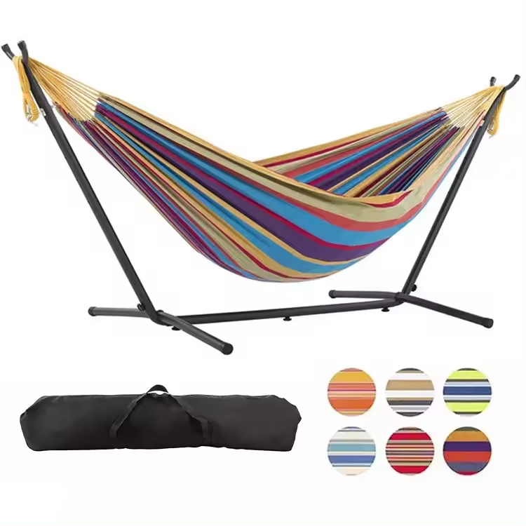 Best Choice Products Outdoor Garden Camping Portable Lightweight Folding Double Cotton Hammock Bed with Metal Stand