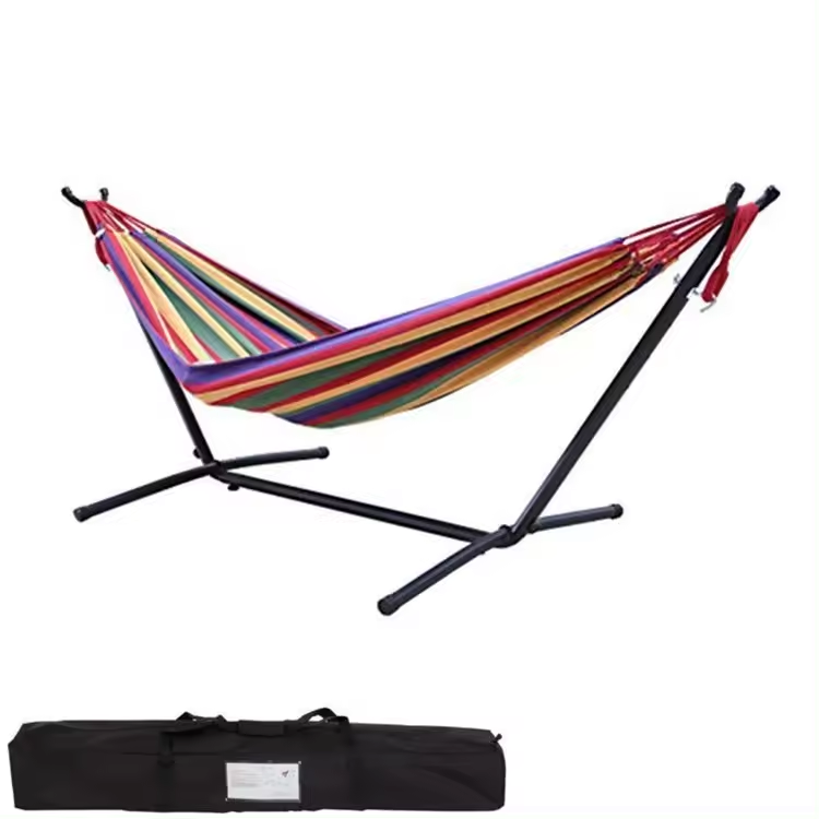 Best Choice Products Outdoor Garden Camping Portable Lightweight Folding Double Cotton Hammock Bed with Metal Stand