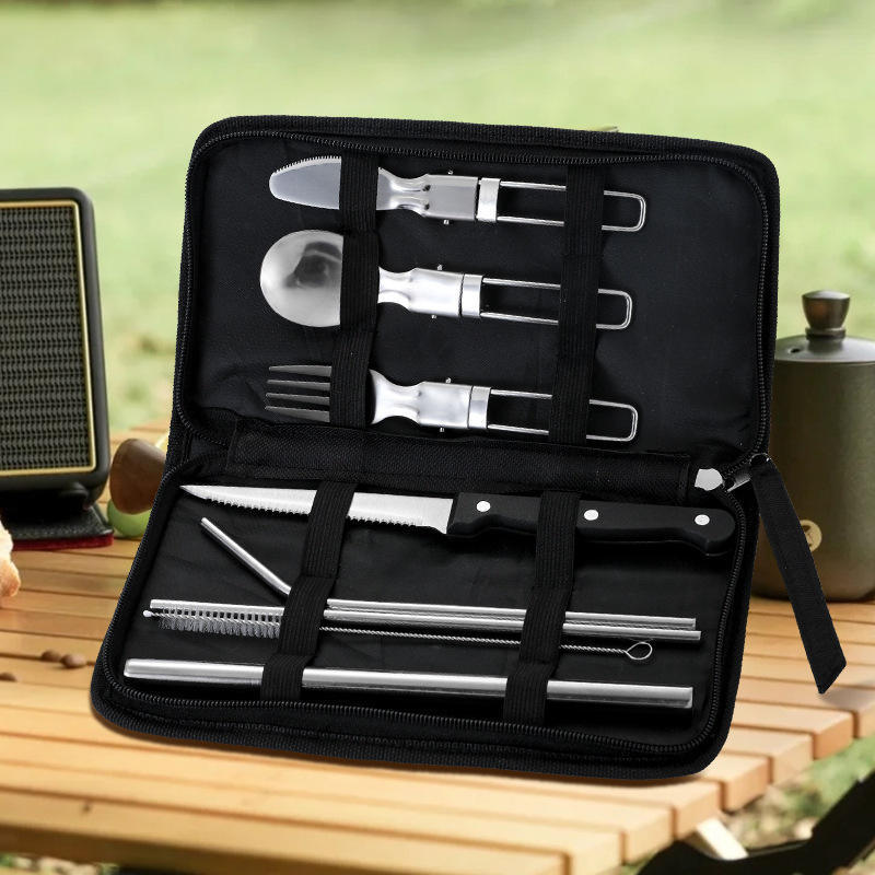 8 pcs multi stainless steel camping outdoor made utensils barbecue grill accessories bbq tool set with storage bag