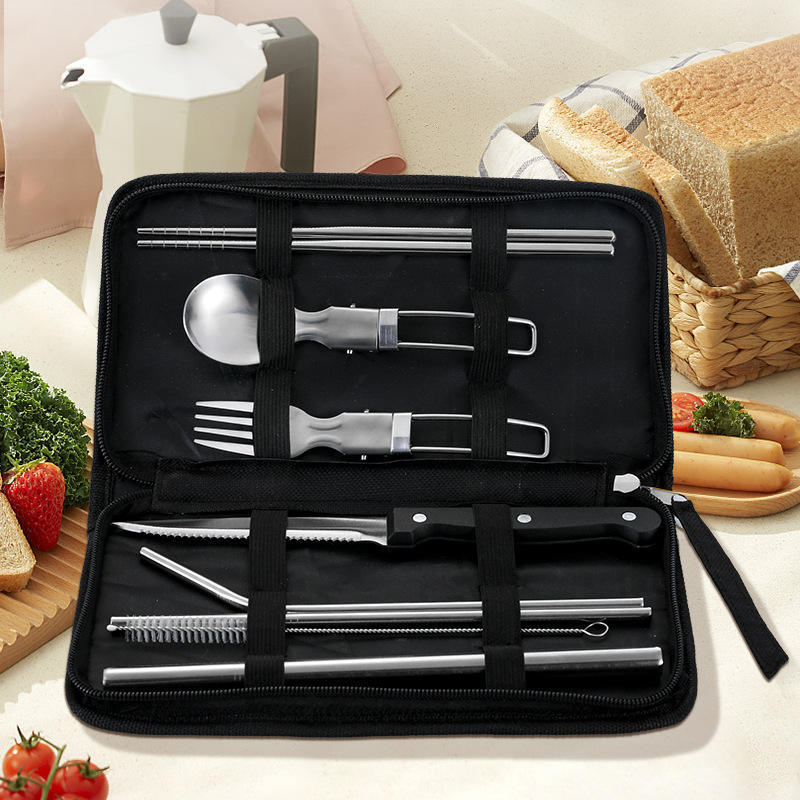 8 pcs multi stainless steel camping outdoor made utensils barbecue grill accessories bbq tool set with storage bag