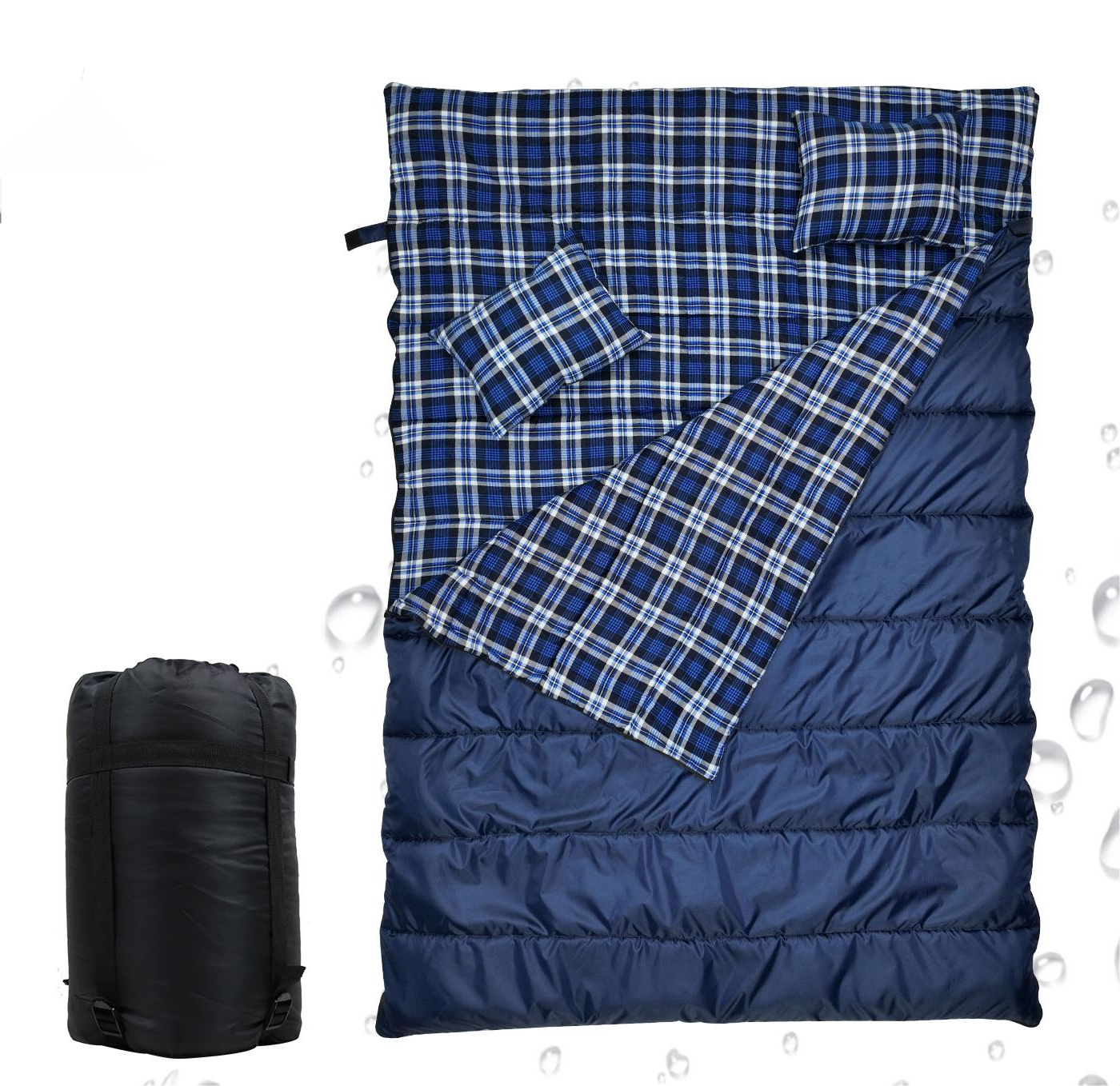 Waterproof Sleeping Sacks Sleep Bed Blue Plaid Lining Double Sleeping Bag with Compression Sack