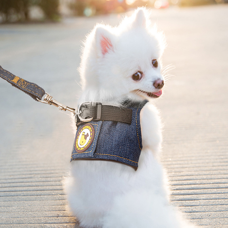 Vest Style Chihuahua Denim Dog Vest and Leash Harness Puppy Small Dogs Chain Pet Jacket Jean Clothes for Walking