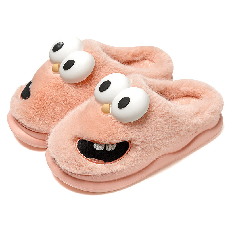 Hot selling winter indoor women slippers cartoon big eye doggy fluffy plush bedroom slipper for ladies