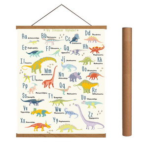 Dinosaur Alphabet Art Print Magnetic Natural Wood Hanger Frame Poster with Canvas Wall Hanging for Kids Room Decor