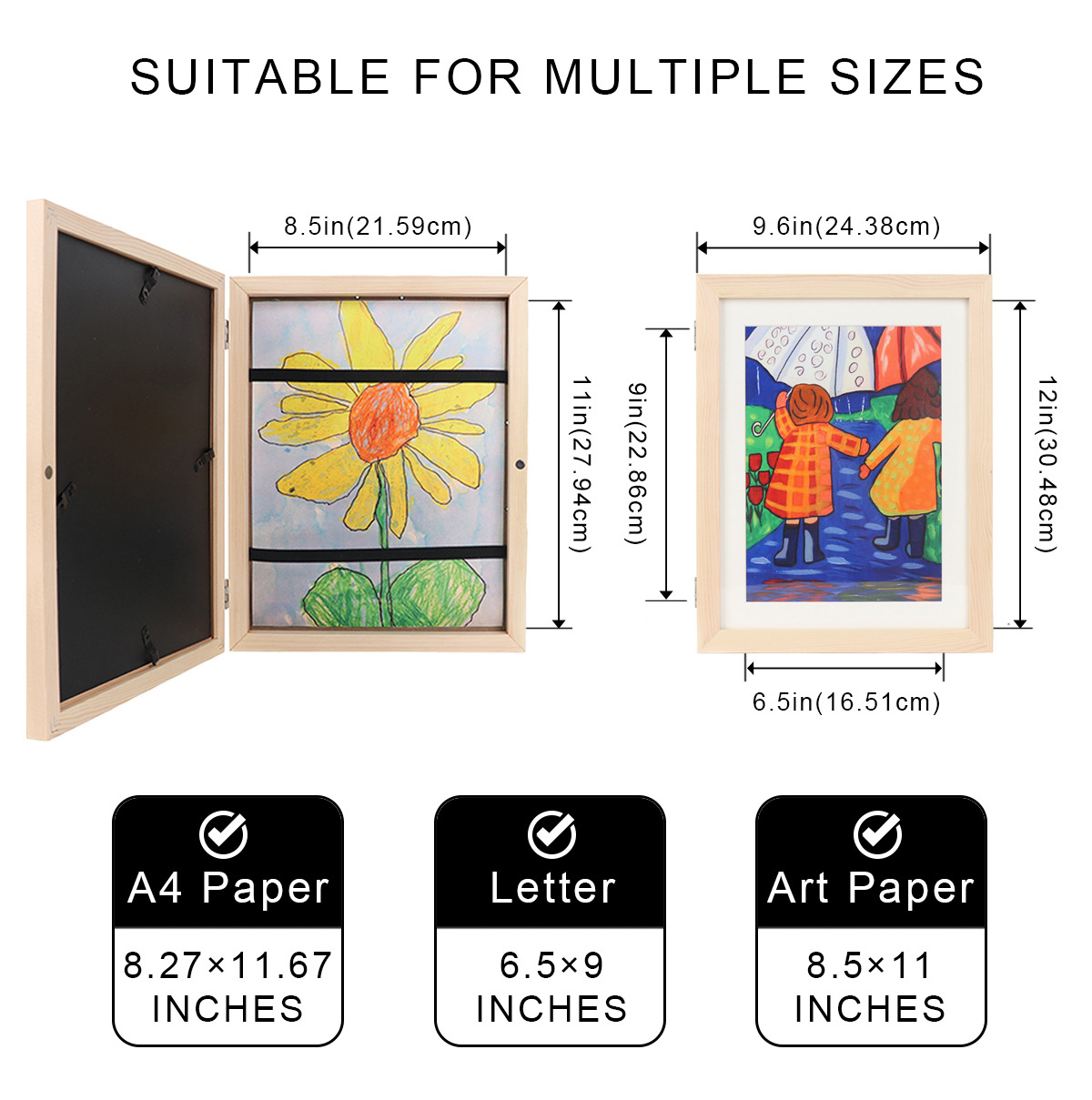 Front Opening Solid Wood Kids Art Frame Changeable Children Artwork Display Storage Wall Decor Drawing Frames