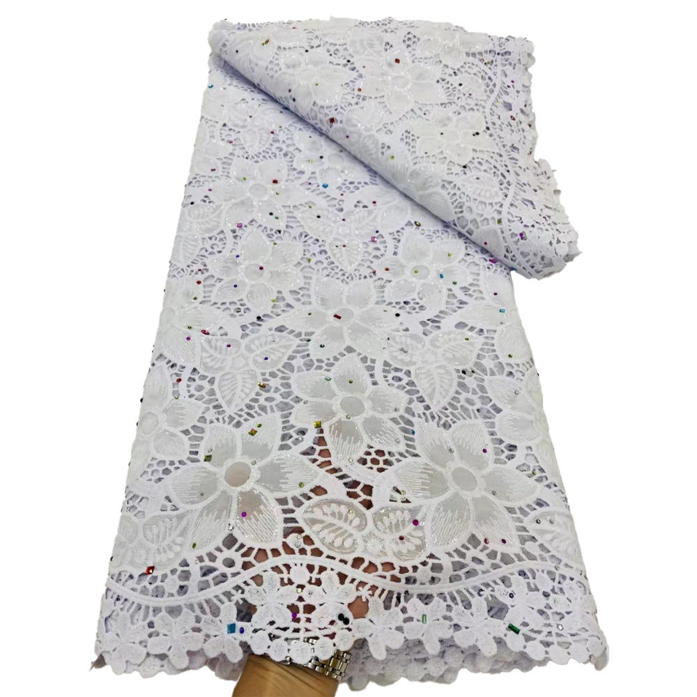 HFX Lace African Silk Lace Fabric 2023 High quality white water soluble lace fabric embroidery wedding dress 5 yards