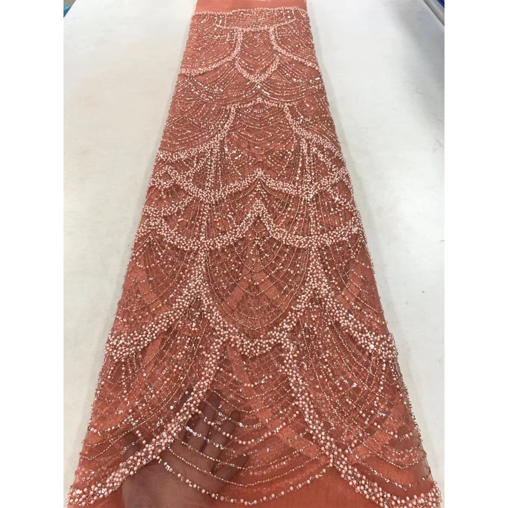 HFX Fashion's latest African embroidery tulle mesh fabric with beaded high quality luxury sequin mesh lace gala dress 5 yards