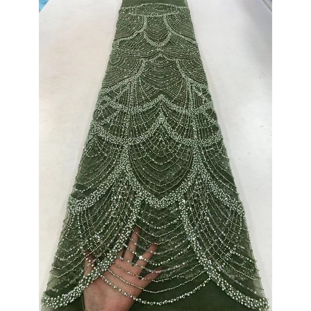 HFX Fashion's latest African embroidery tulle mesh fabric with beaded high quality luxury sequin mesh lace gala dress 5 yards