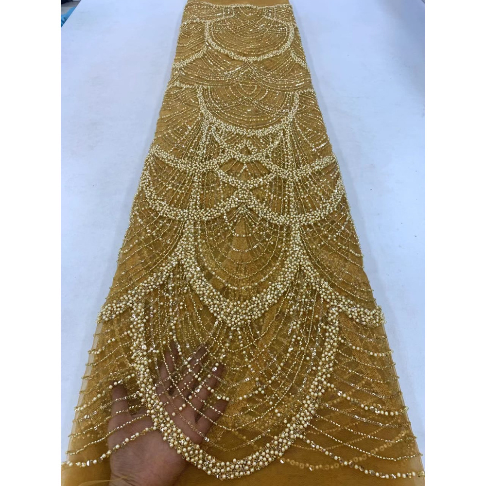 HFX Fashion's latest African embroidery tulle mesh fabric with beaded high quality luxury sequin mesh lace gala dress 5 yards