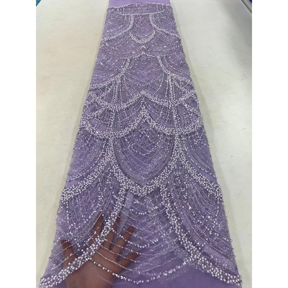 HFX Fashion's latest African embroidery tulle mesh fabric with beaded high quality luxury sequin mesh lace gala dress 5 yards